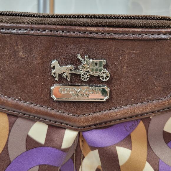 Coach Signature Cs Chain Link Op Art Bag Brown Purple Crossbody Fabric Leather - Picture 7 of 12